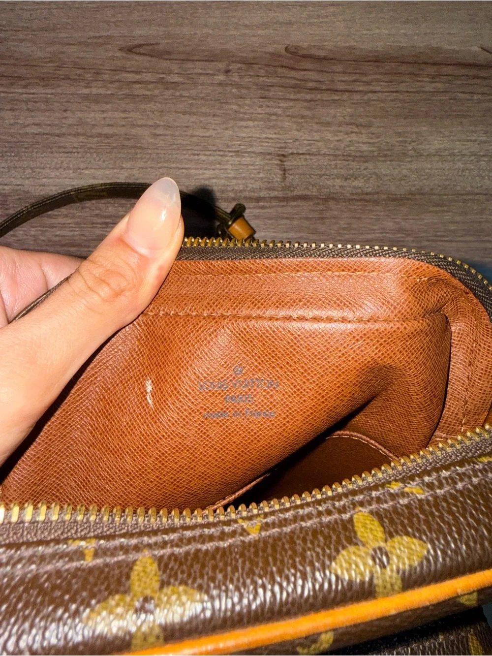 Louis Vuitton Brown Monogram Canvas Crossbody Bag with Tan Trim and Beige Strap
